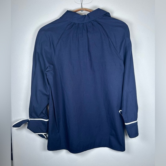 Crown & Ivy Navy Blue 3/4 Sleeve V Neck Pullover Blouse w/ White Trim Tie Sleeve - Picture 2 of 8